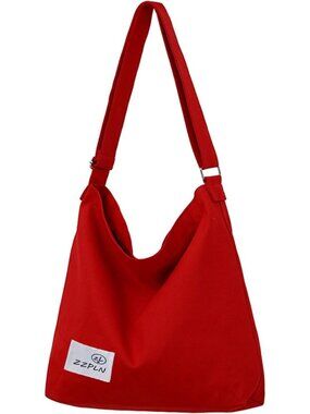 Women's Red Canvas Crossbody Bag Casual Hobo Lightweight Zipper Shoulder Strap